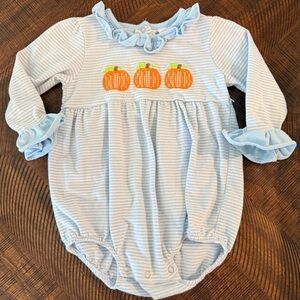 Blue Striped Pumpkin Embroidered Baby Romper